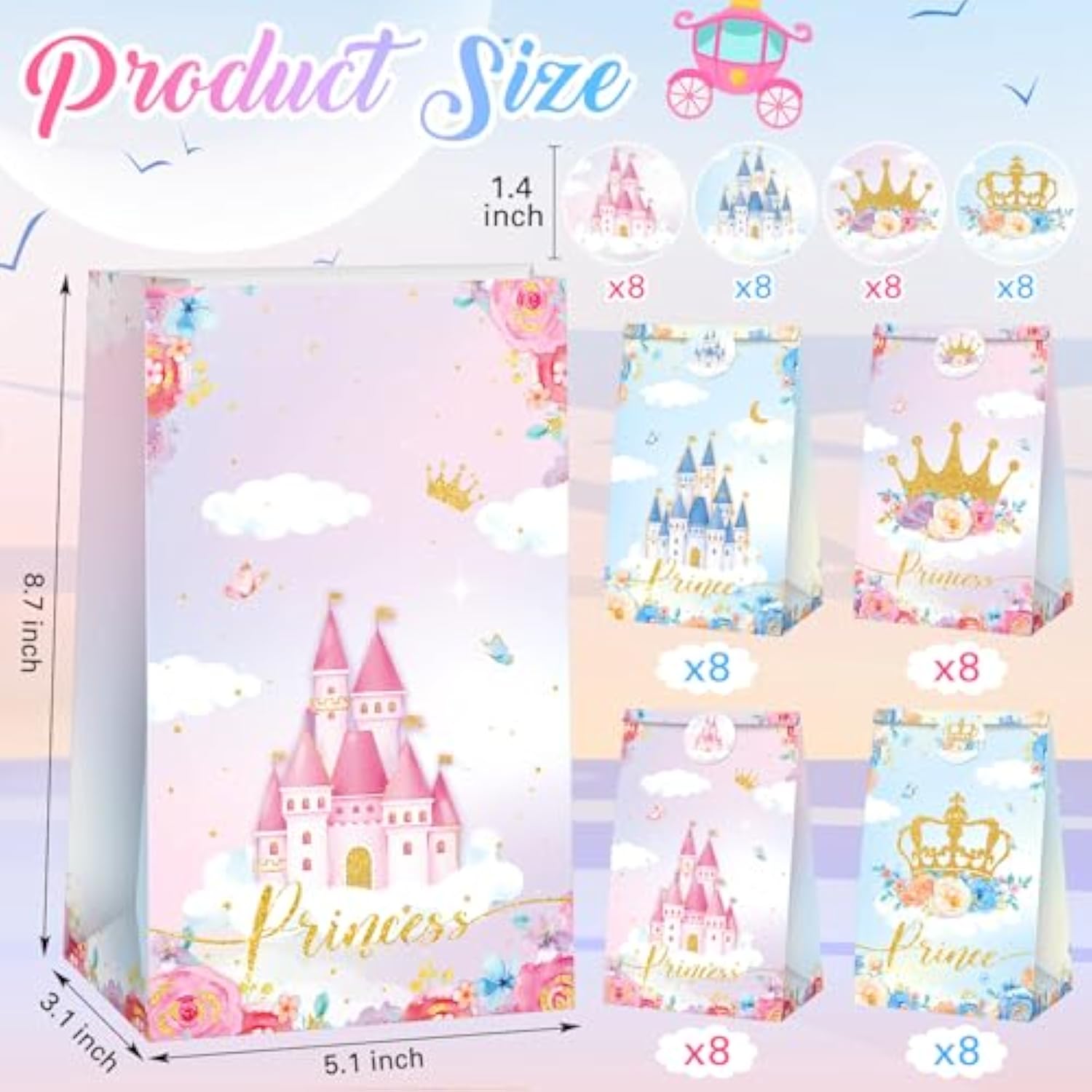 32 Pcs Princess Prince Favor Bags Princess Crown Castle Party Bags Include 4 Style Sticker Handles Candy Goodie For Gender Reveal Bridal Shower Wedding Supplies