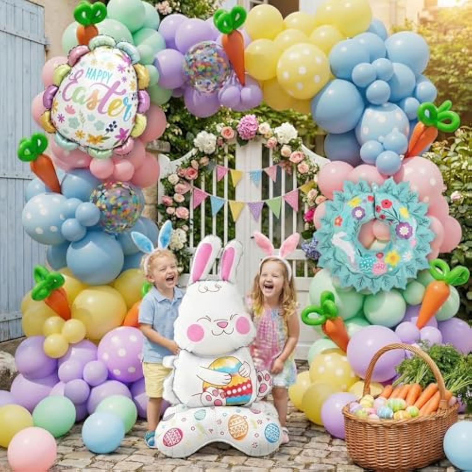 Easter Balloon Garland Arch Kit With Pastel Happy Easter Balloons And Bunny, Carrot, Resurrection Eggs, Easter Wreaths Foil Balloons For Baby Shower Party, Spring Birthday, Easter Decorations