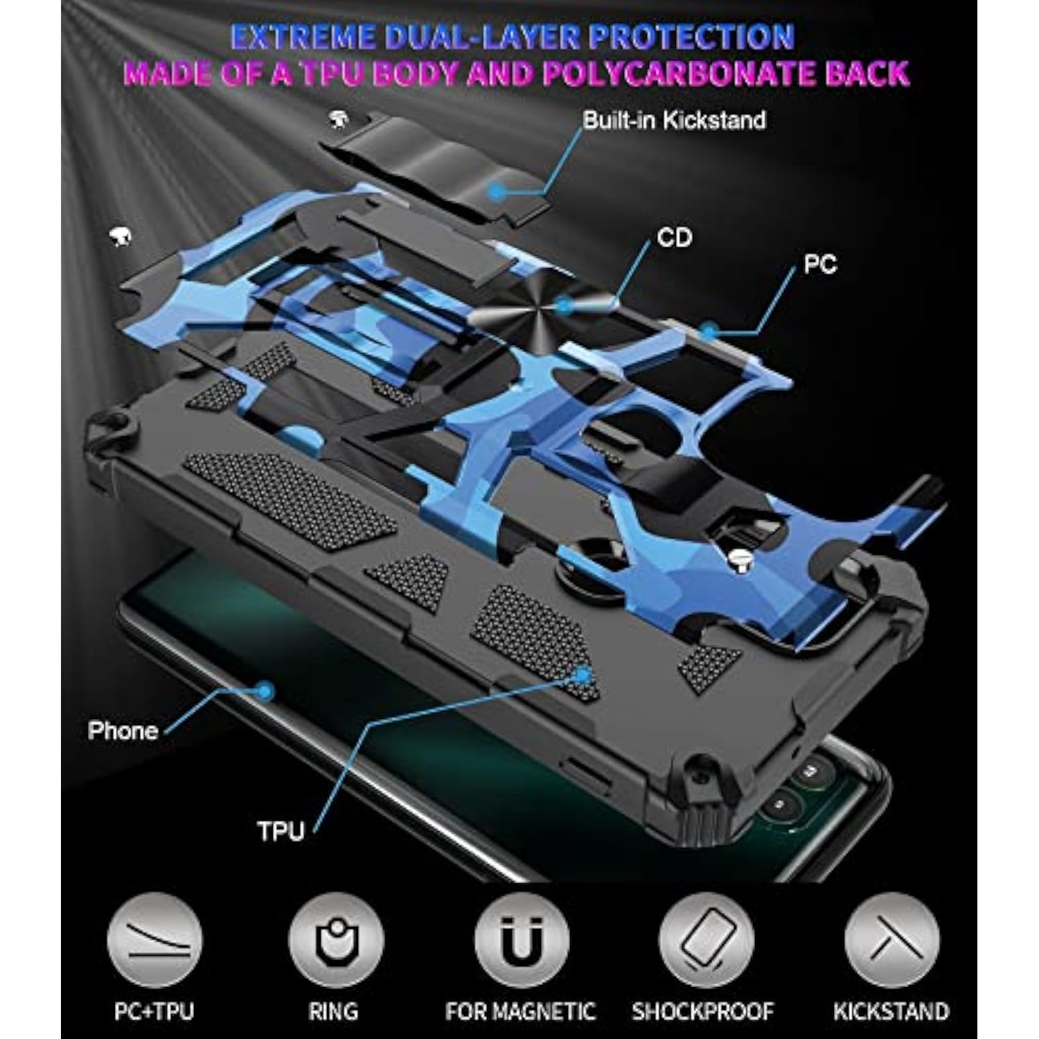 Shockproof Camouflage Military Grade Drop Tested Phone Case With Built In Kickstand With Screen Protector Holster Belt Clip Fits For Moto G Stylus 5G 6.8" (Blue Camo)