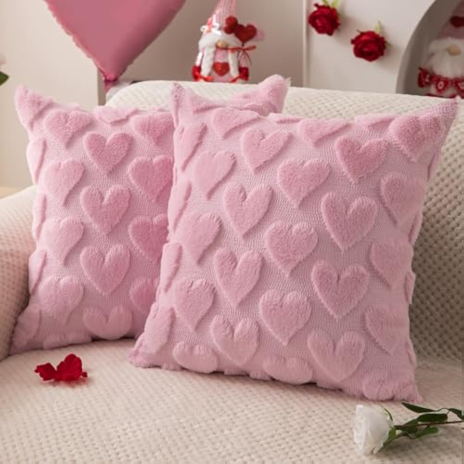 Valentines Pillow Covers 18X18 Inch Set Of 2 Valentines Day Decoration Pink Heart Soft Plush Faux Fur Jacquard Throw Pillows For Bedroom Sofa Holiday Festivals Home Decor Ptk017B18