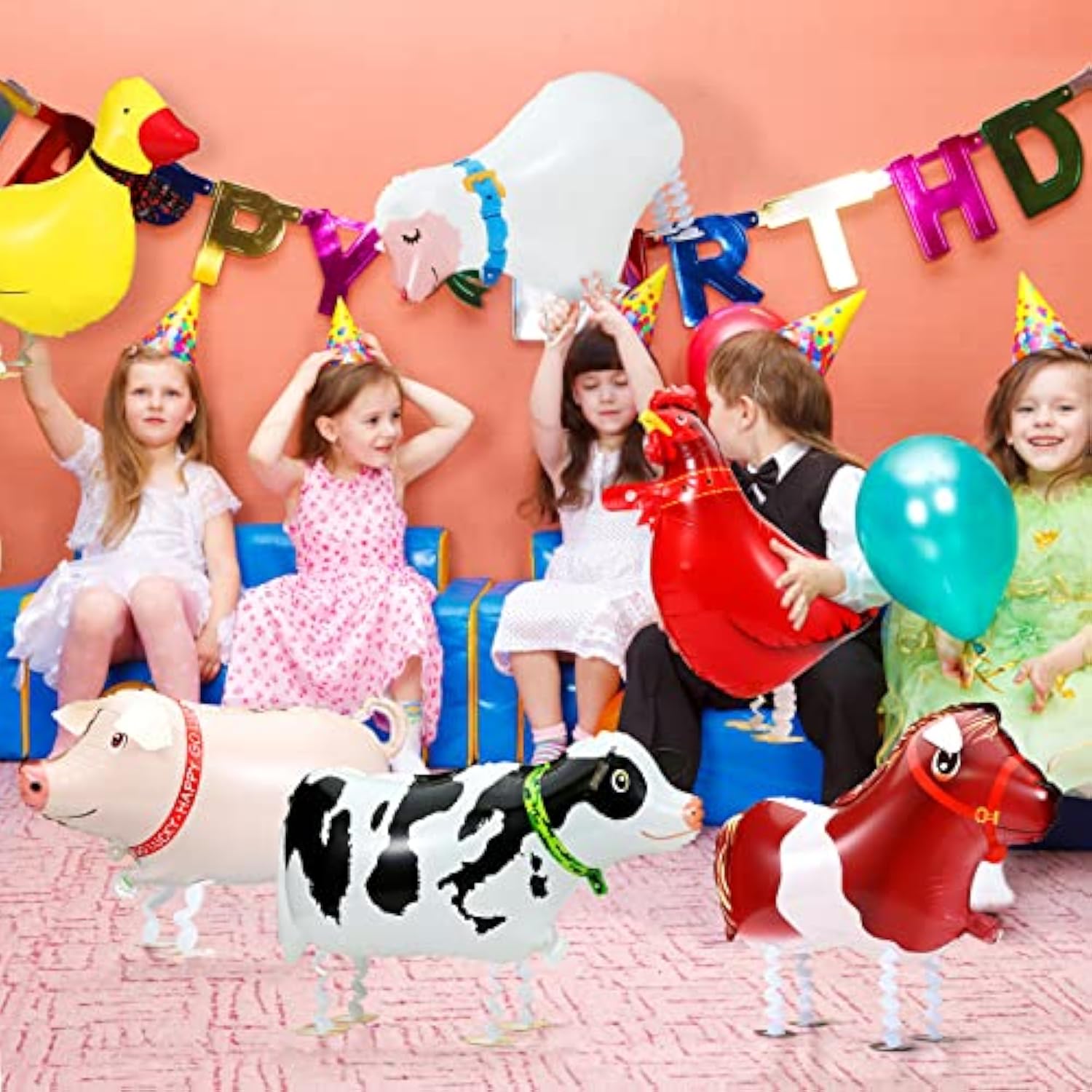 The Party Crafter 6-Pack Farm Animal Walking Balloons – Inflatable Decorations for Kids’ Birthday Parties