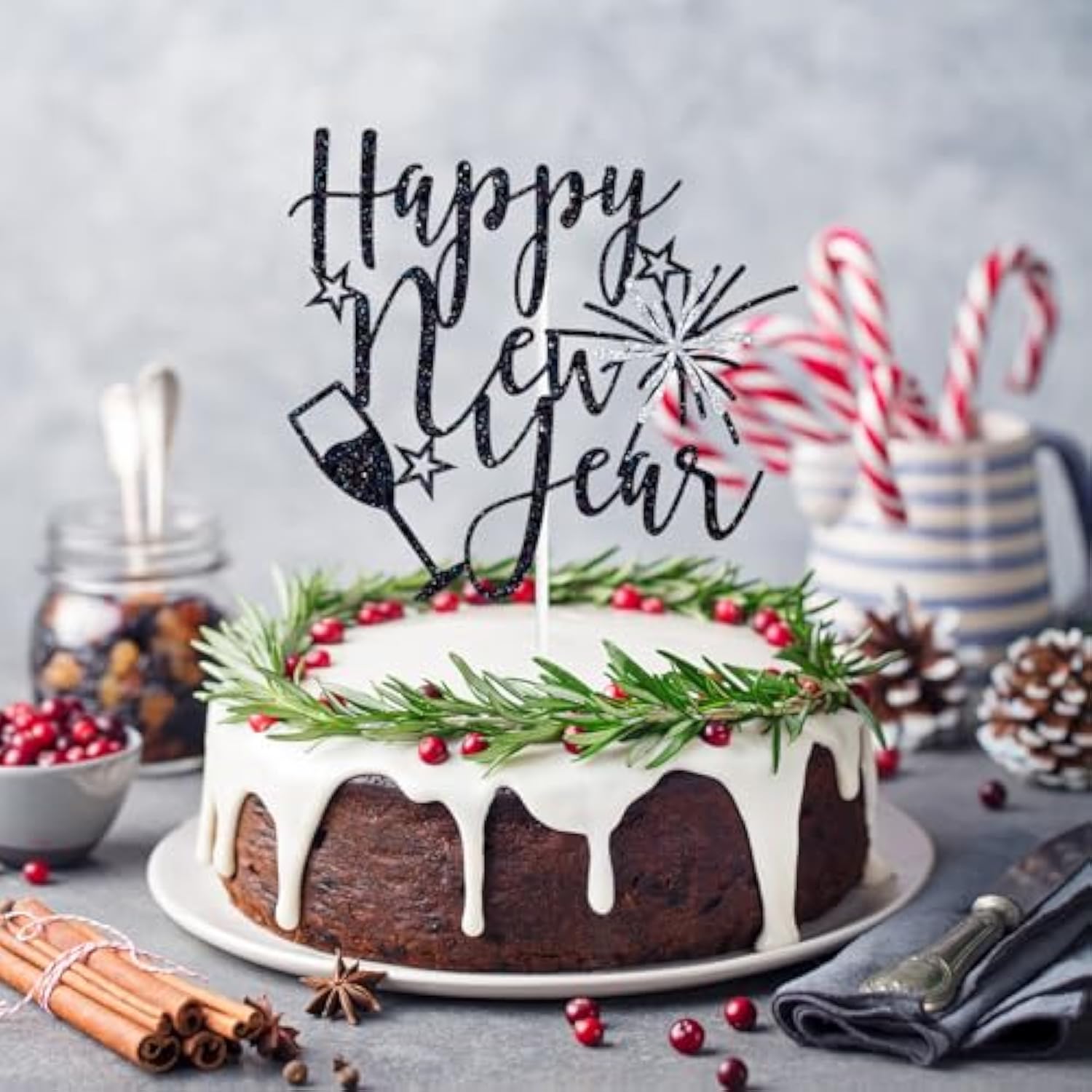 Happy New Year 2026 Cake Topper Black Glitter Party Decoration