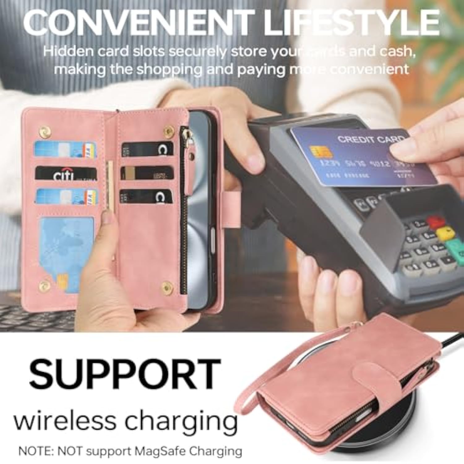 Compatible With Iphone 16 Plus Case Wallet - Pu Leather Wallet Case For Iphone 16 Plus With Card Holder Rfid Blocking Zipper Pocket Flip Folio With Wrist Strap Protective Case (Pink)