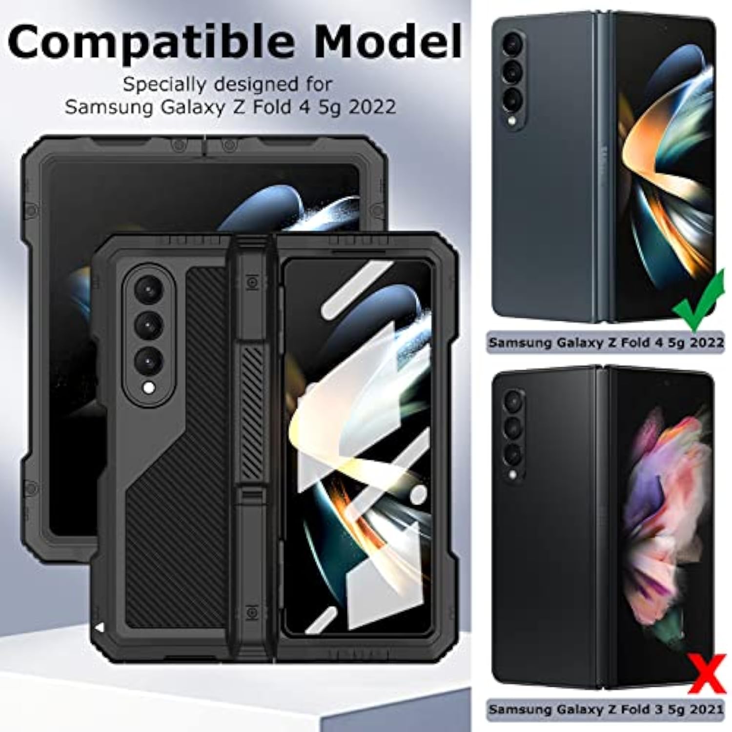 For Samsung Galaxy Z Fold 4 Metal Case With S Pen Holder, Military Rugged Heavy Duty Z Fold4 Case Built In Screen Protector Full-Body Drop Protection Kickstand Phone Case For Z Fold 4 - Black