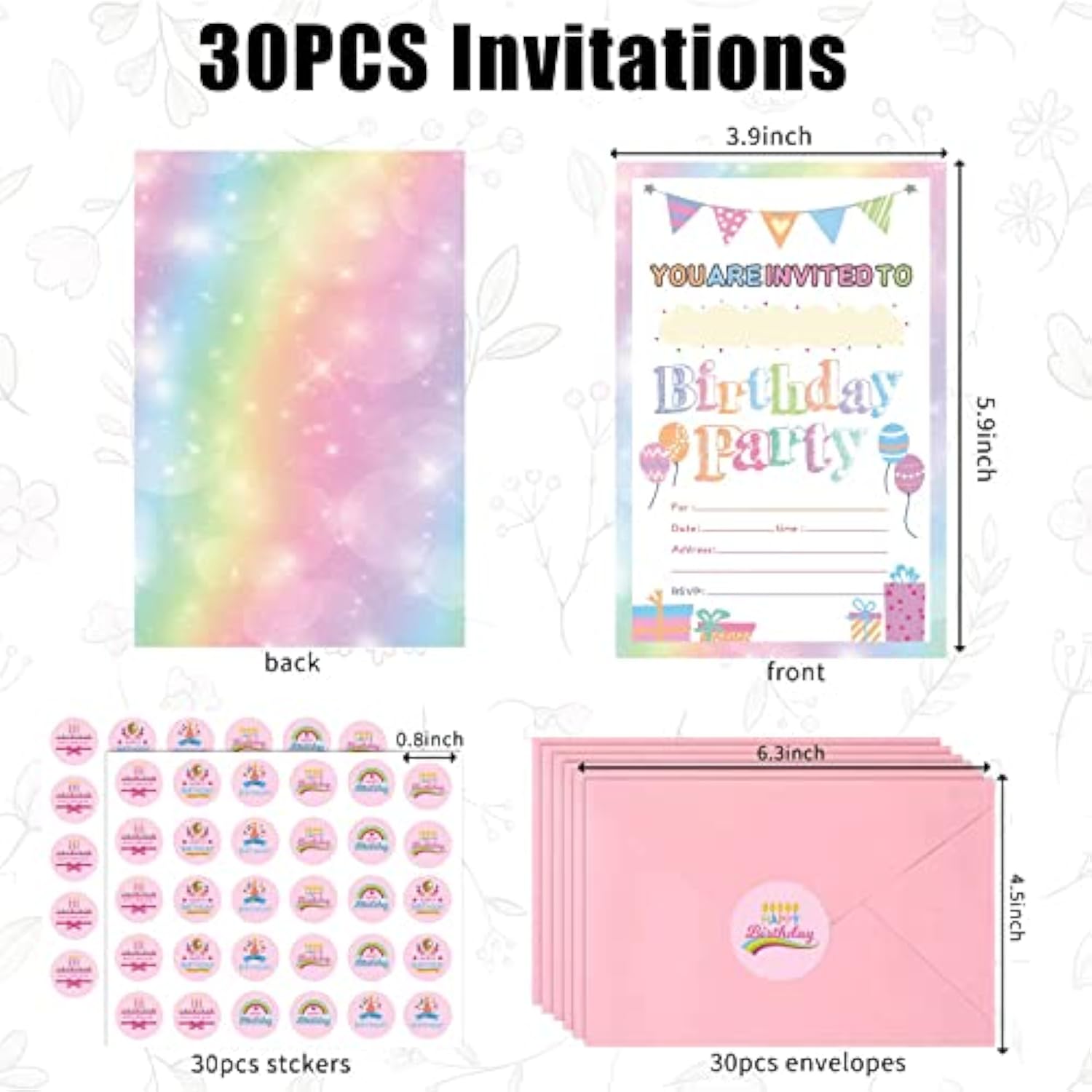 30 Pack Birthday Party Invitations For Girls With Envelopes And Sticker, Cute Birthday Party Invitations Cards For Kids, Party Decorations Supplies For Baby Shower Birthday Party