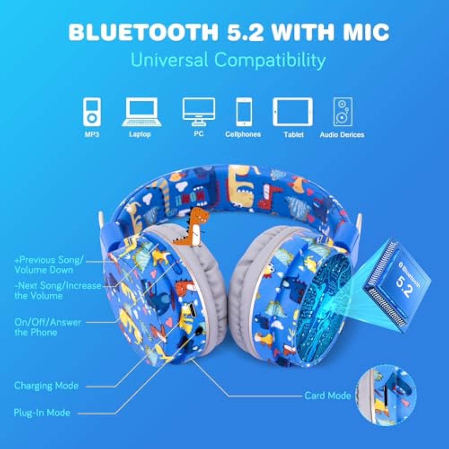 Dinosaur Headphones For Boys Kids For School, Kids Bluetooth Headphones With M