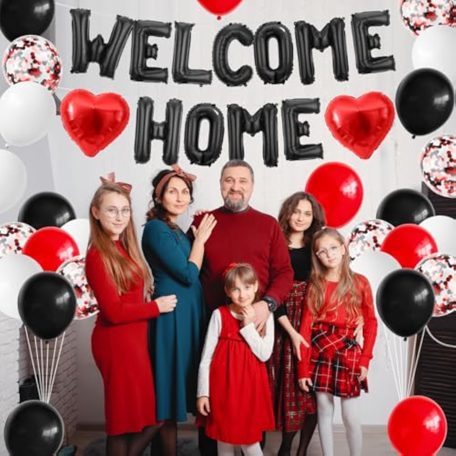 Black & Red Welcome Home Balloon Set – Banner, Confetti and Heart Balloons for Party Decor