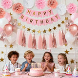 Pink Rose Gold Birthday Party Decorations Set, Rose Gold Glittery Happy Birthday Banner, Ballons Tissue Paper Pom, Star Garland And Tassel Garland For Party Decorations Girls Women