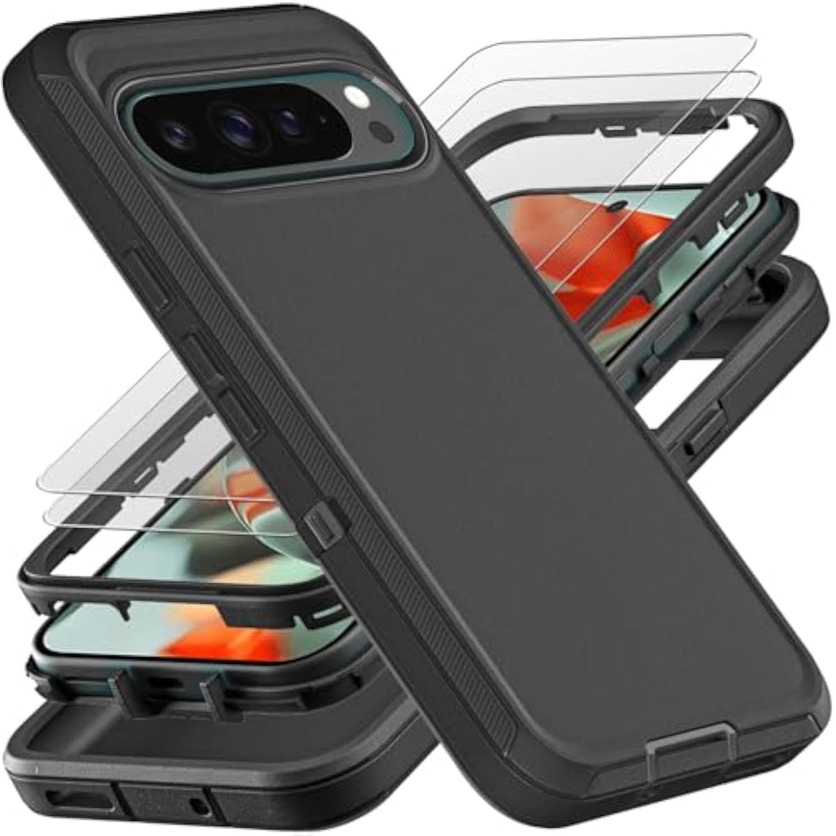 For Google Pixel 9 Pro Xl Case, With 2Pcs Tempered Glass Screen Protector, Military Grade 3 In 1 Heavy Duty Shockproof/Drop Proof/Dust Proof Case (Black/Black)