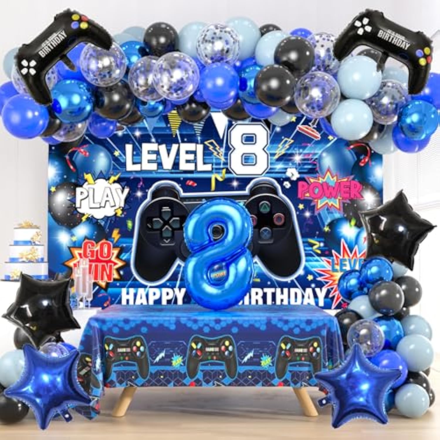103Pcs Video Game 8Th Birthday Party Decoration Kit - Black And Blue Latex Balloons, 8Th Happy Birthday Gaming Backdrop, Tablecloth, Foil Number 8 & Gamer & Star Balloon For Boys Girls