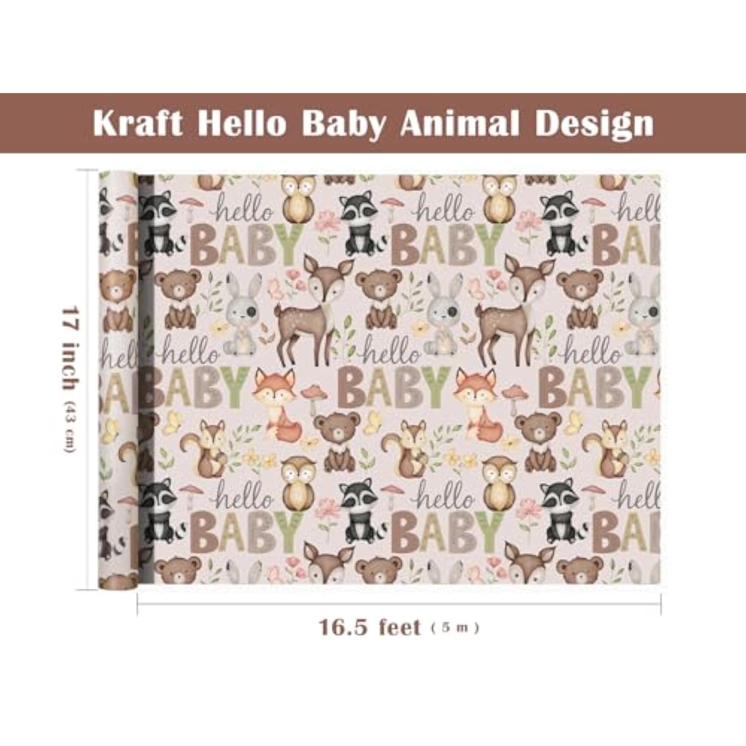 Woodland Kraft Baby Shower Wrapping Paper Roll for Kids’ Birthday & Parties