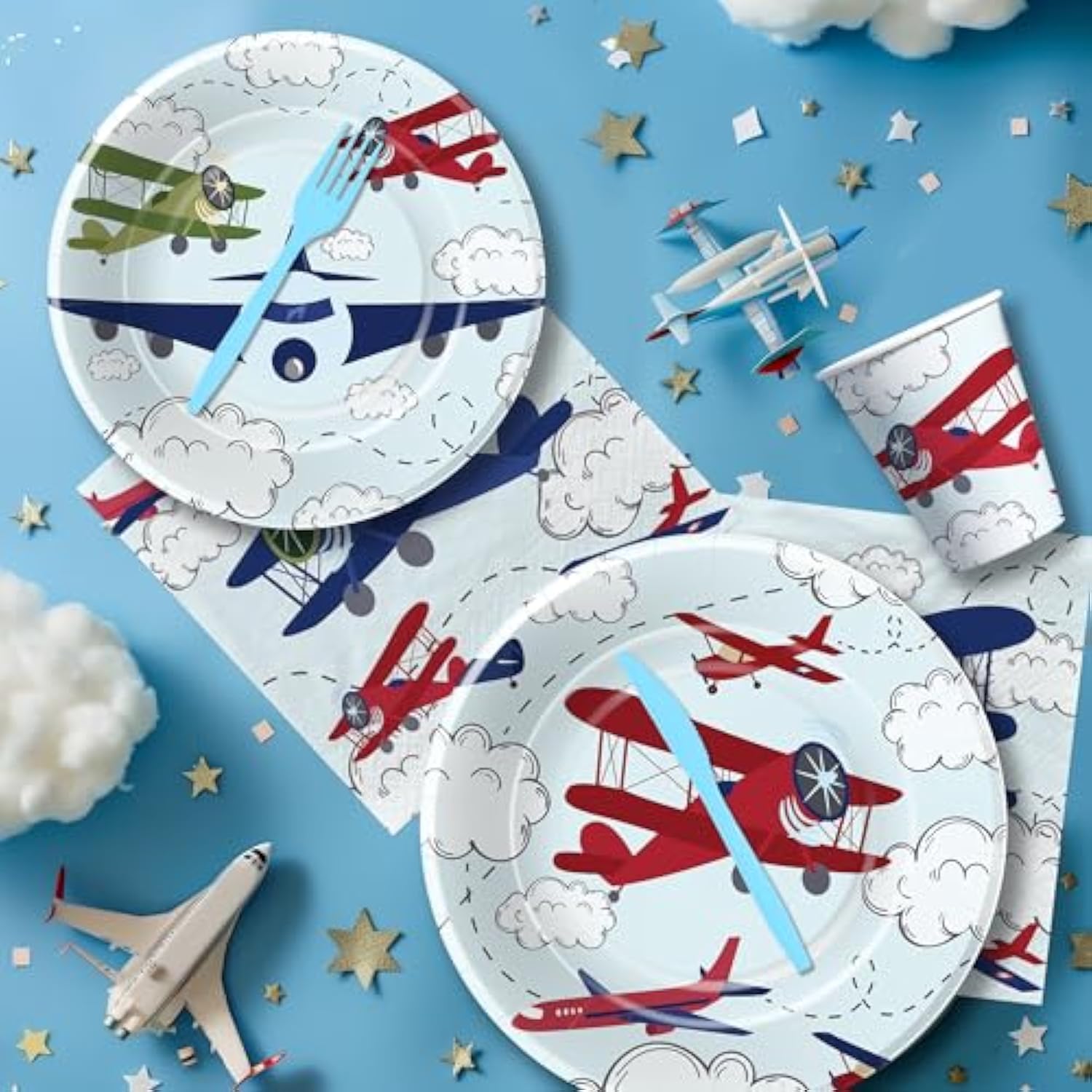 Airplane Party Decorations Tableware Boy For Birthday Baby Shower - Disposable Aviation Theme Airplane Birthday Party Supplies, Paper Plate, Napkin, Cup, Cutlery | 24 Guests