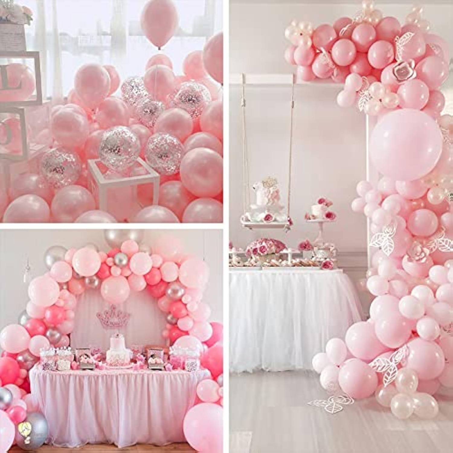 Pink Balloons Set, 60 Pcs Pink & White, Silver Metallic & Confetti, Latex, Birthday Party Decorations, Pink Party Decorations