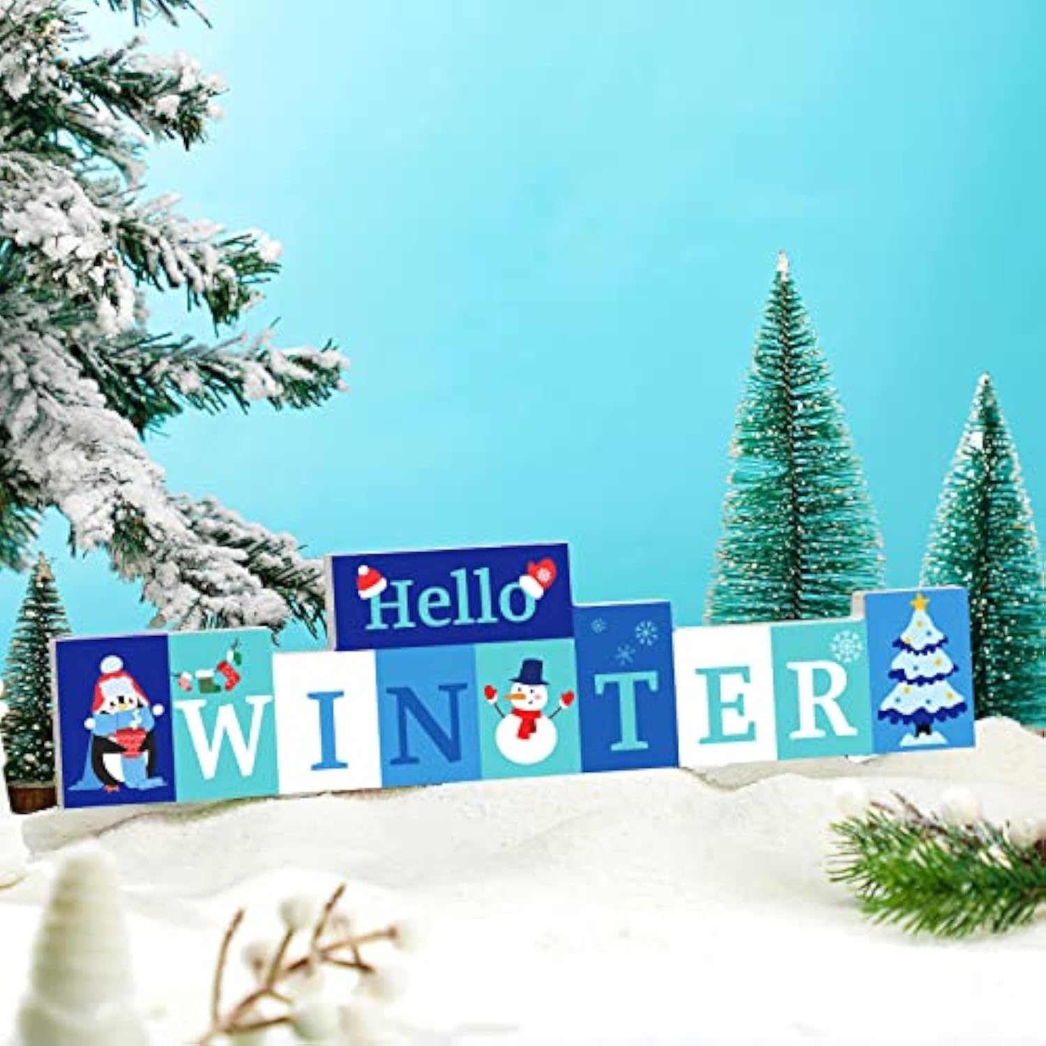 Hello Winter Merry Christmas Wooden Table Sign Reversible Table Decor Wooden Winter Table Decor Winter Table Centerpiece Decor For Farmhouse Home Party Tabletop Decorations