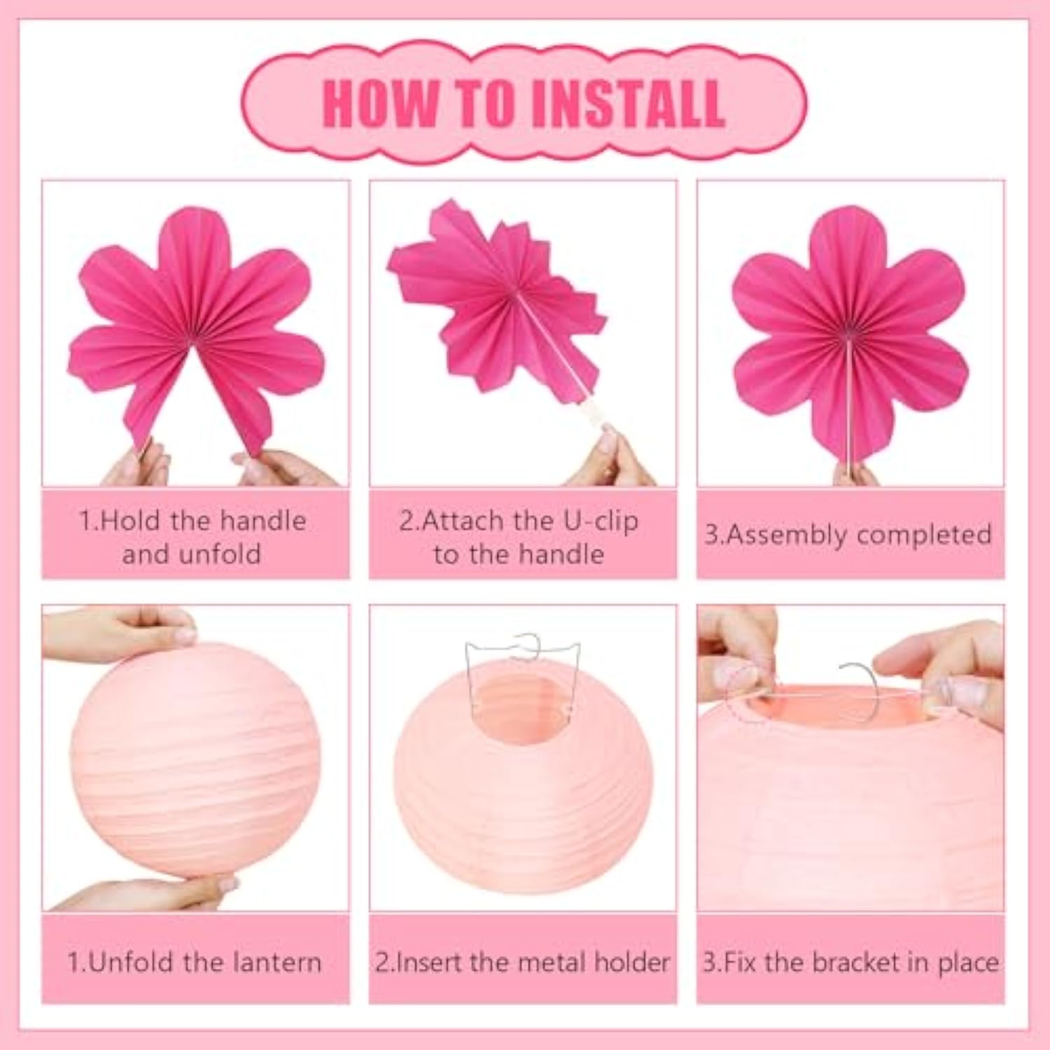 19 Pcs Pink Party Decorations, Light-Hot Pink Hanging Paper Lanterns, Paper Flowers Fans, Tissue Pom Poms, Floral Backdrop Wall Decor For Birthday Baby Showers Bridal Wedding Valentines Classroom