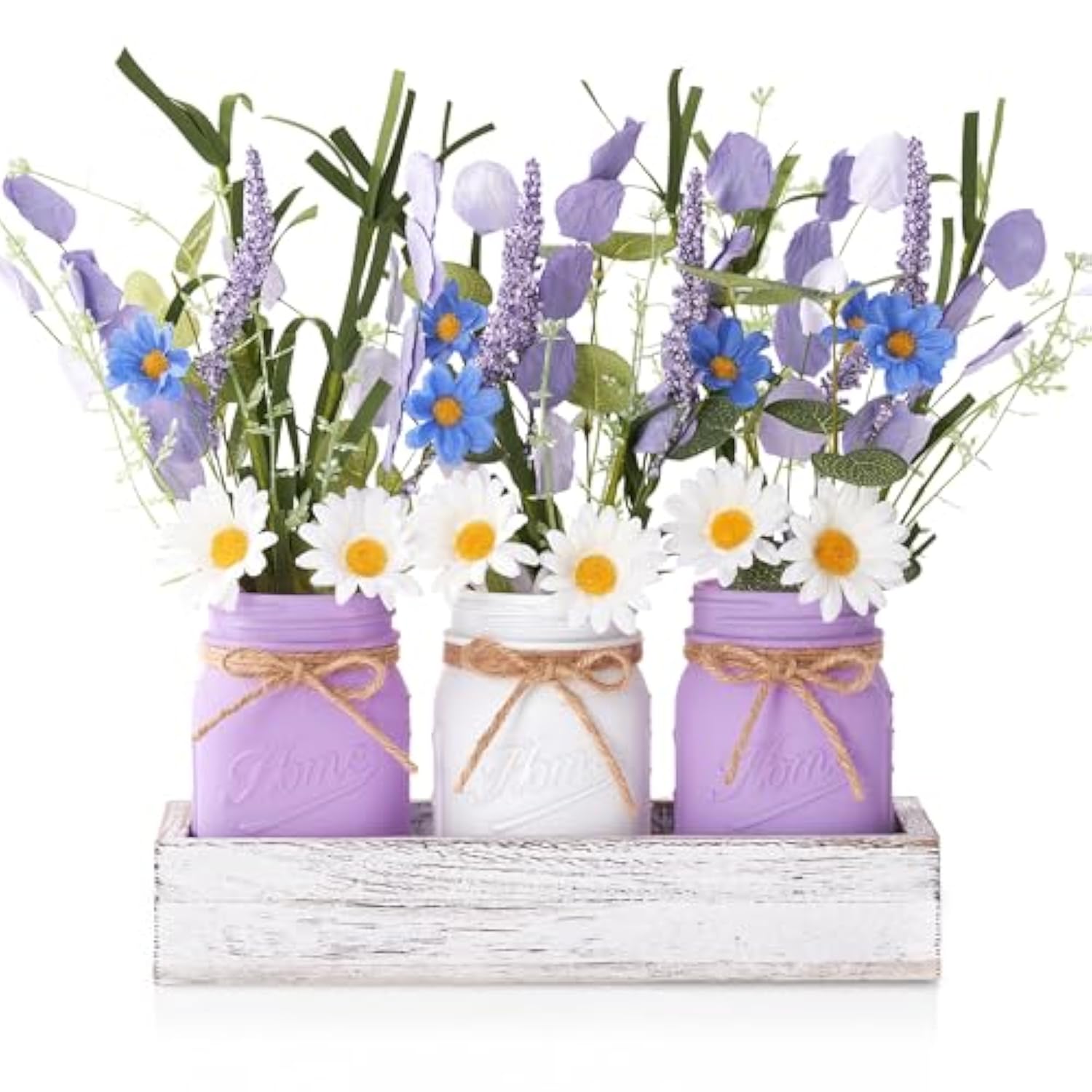 Mason Jar Spring Easter Centerpieces For Tables, Table Decor With Daisy Artificial Flowers, Farmhouse Wood Tray, Spring Table Centerpiece, 10 Pcs Spring Decorations For Home, Kitchen, Office
