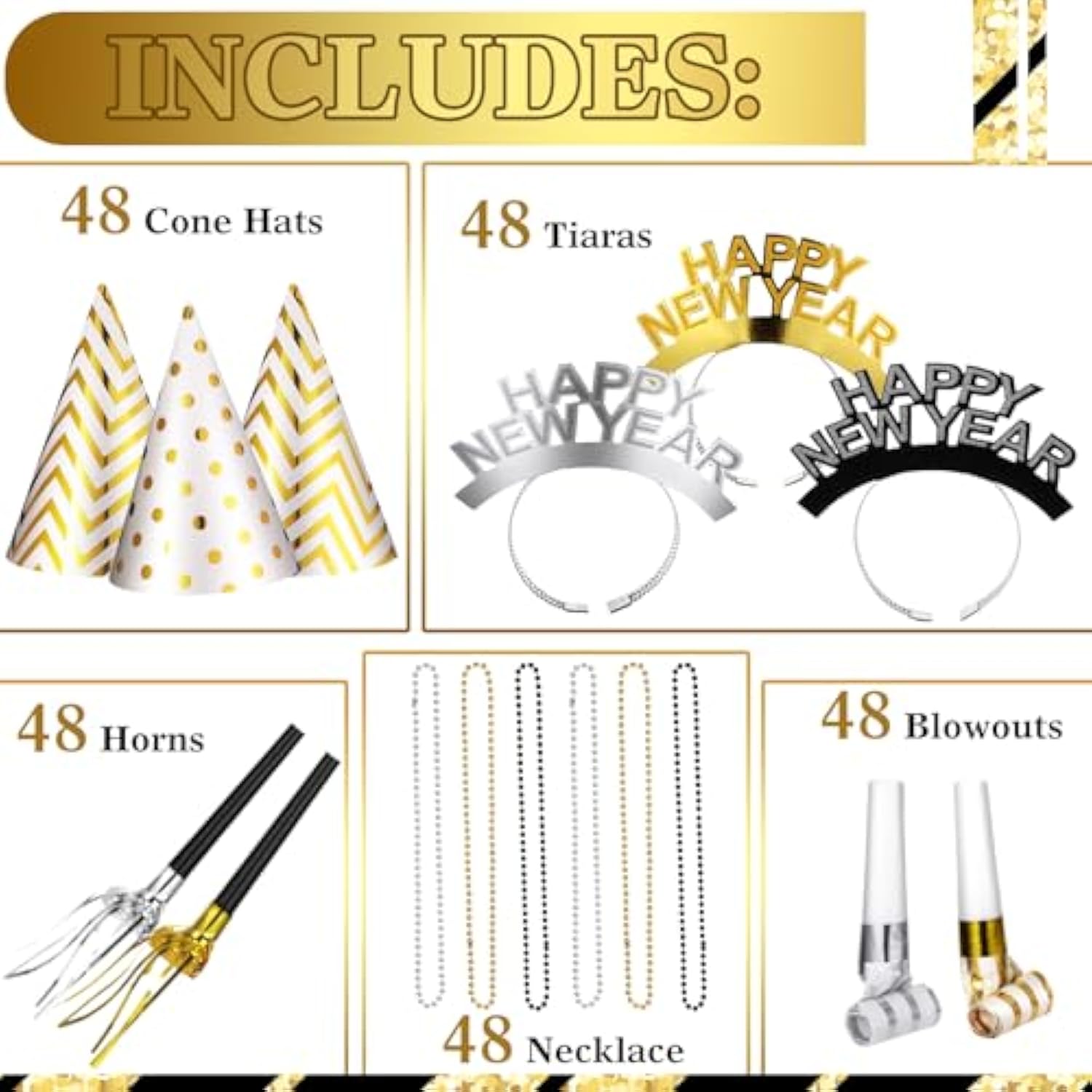 120pcs New Year 2026 Party Favors Hats Tiaras Necklaces Noise Makers