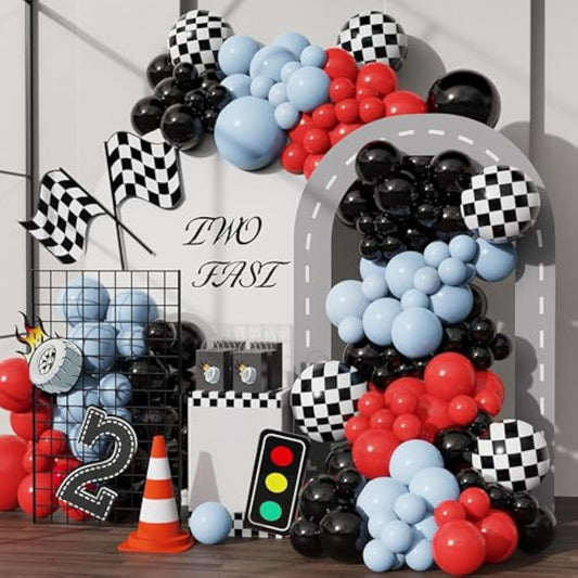 Race Car Balloons Arch Garland Kit 148Pcs Red Blue Black Checkered Flag Foil Balloon Racing Car Theme Two Fast 2Nd Birthday Party Supplies For Boys