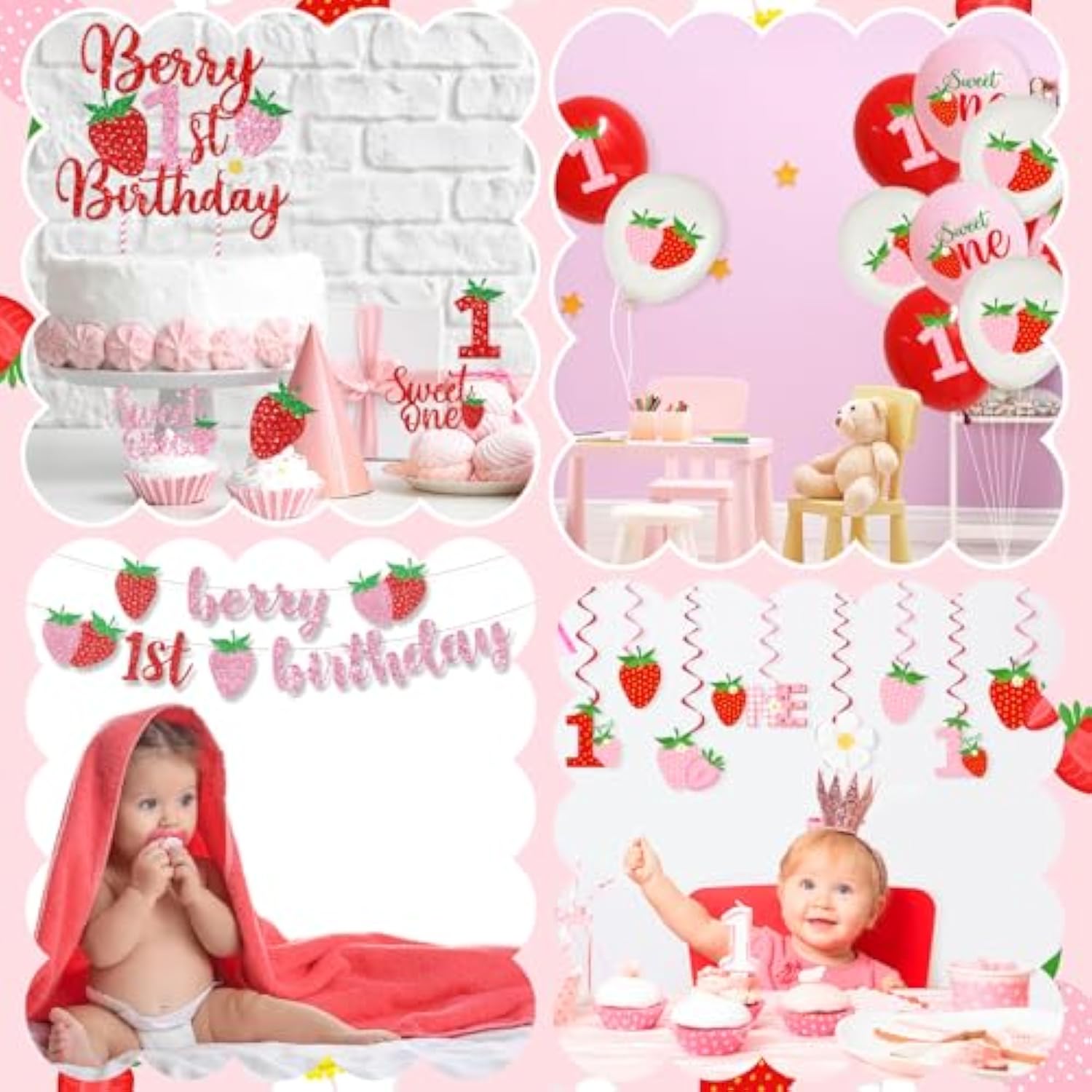 Berry First Birthday Decor, Strawberry 1St Birthday Decorations For Girls, Sweet One Balloon Banner Cake Toppers Tablecloth Plates And Napkins For Strawberry Baby Shower Decorations