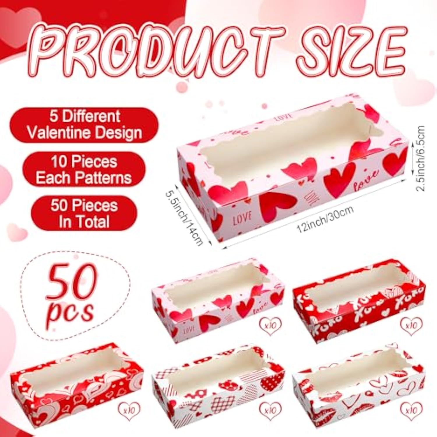 50 Pieces Valentines Cookie Boxes With Window Valentine'S Day Treat Boxes 12'' X 5.5'' X 2.5'' Heart Bakery Red Heart Cupcake Gift Decorations For Wedding Party Favors