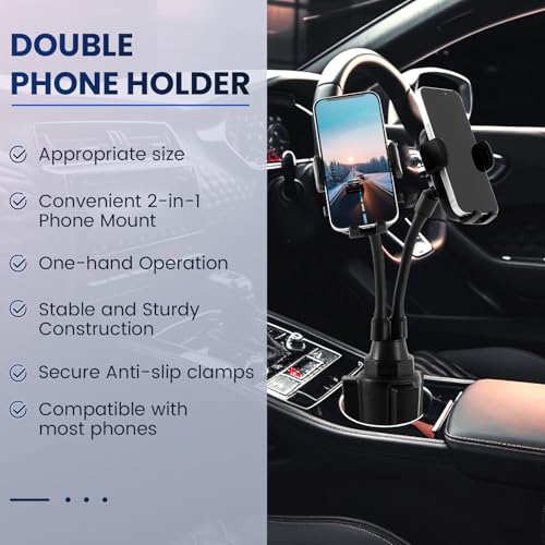 Dual Phone Holder For Car 360° Rotatable Car Mount Long Flexible Neck Adjustable Double Holder Universal Size Fits For Most 2 Phones 2.6"-4.3" Phone (Cradle)