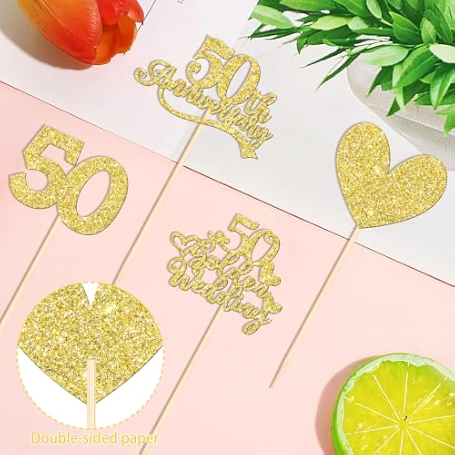 12 Pcs 50Th Anniversary Centerpiece Sticks Double Sided Gold Glitter Heart 50 Golden Wedding Anniversary Table Flower Centerpieces For Cheers To 50 Years Blessed & Loved Wedding Party Supplies