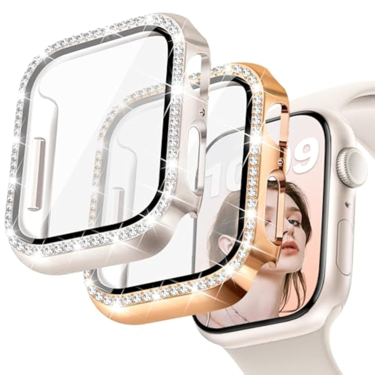 2 Pack Bling Case With Hd Screen Protector Compatible With Apple Watch Series 4 5 6 Se 40Mm, Women Glitter Diamond Rhinestone Bumper Face Cover For Iwatch Accessories 40Mm Starlight/Rose Gold