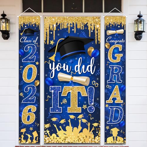 Blue and Gold Graduation Decorations Class of 2026 Congrats Grad Banner and You Did It Graduation Door Cover for High School College Grad Party Supplies(Blue)