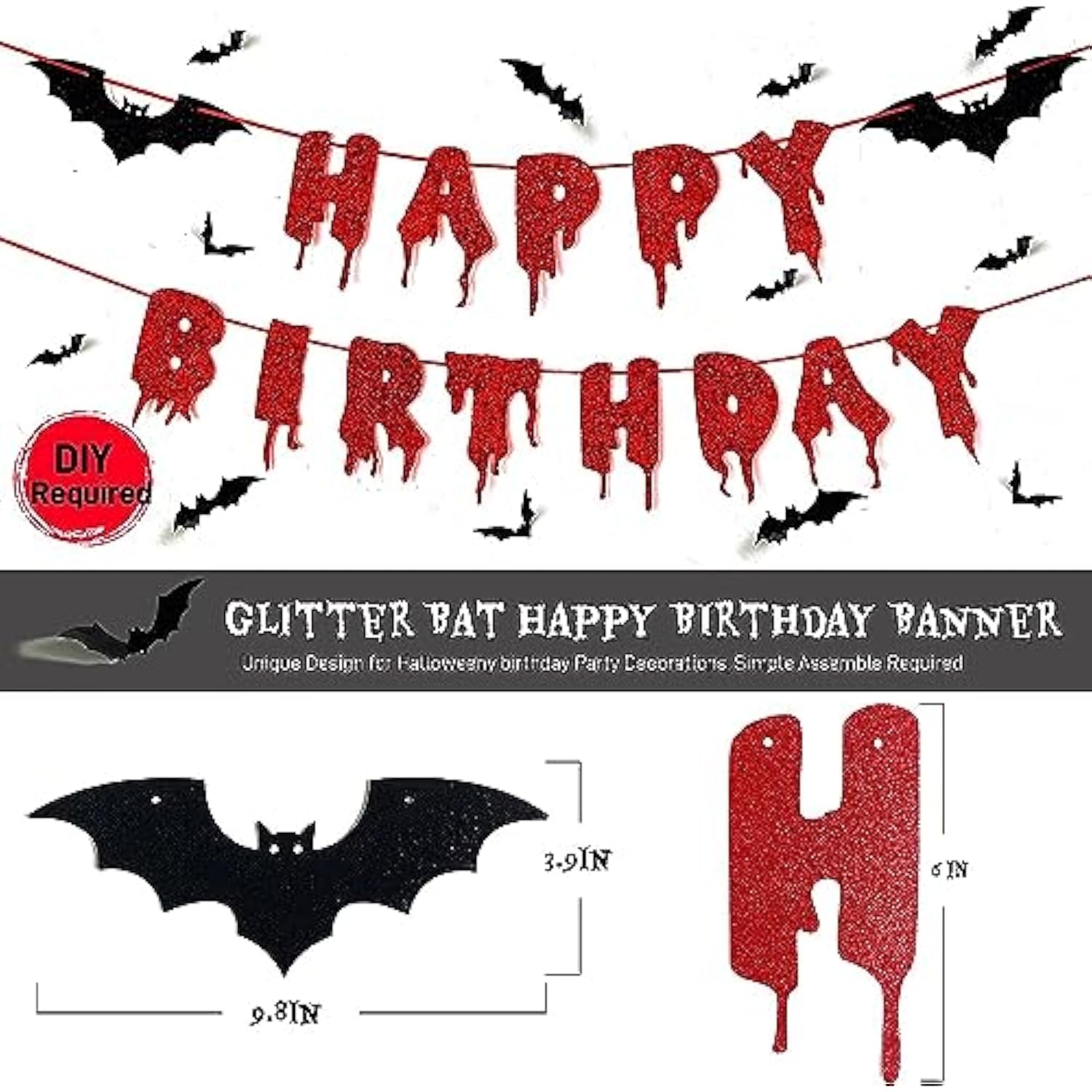 Red Glittery Happy Birthday Halloween Banner Black Foil Curtains Backdrop 3D Bat Sticker And Latex Balloons Confetti Balloon For Birthday Party Decorations Scary Party Supplies