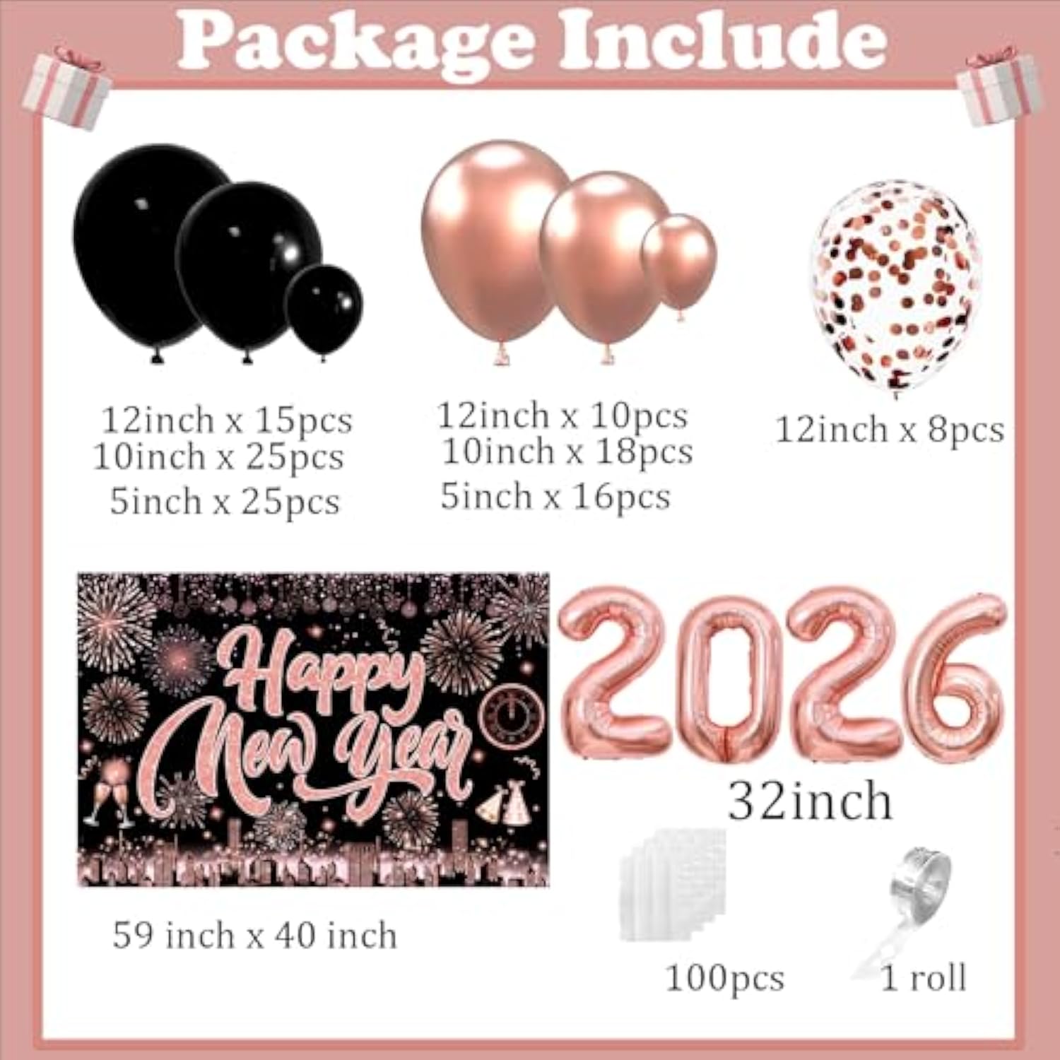 50pcs 12in Black Gold Silver New Year 2026 Balloons Party Garland Decor