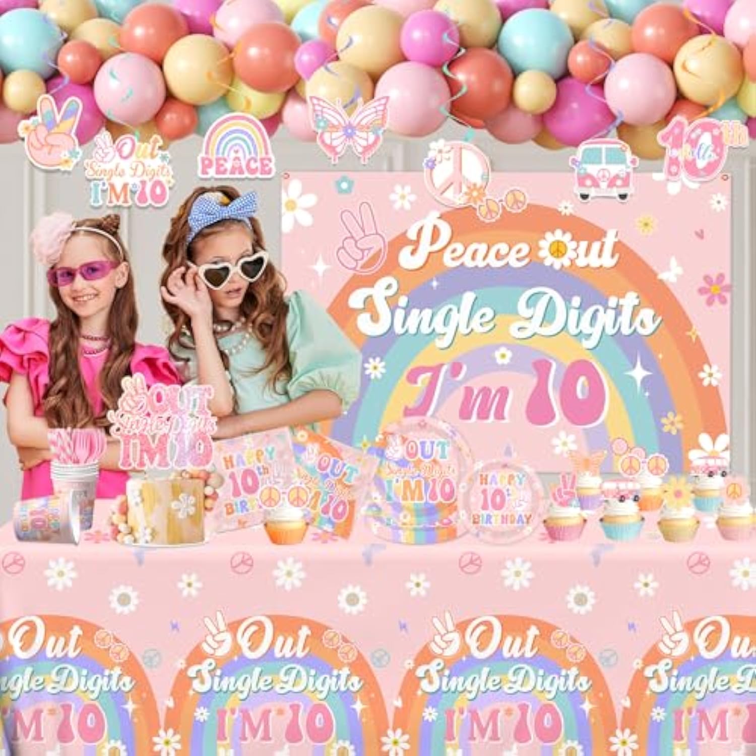 10Th Birthday Decorations For Girl,288Pcs Peace Out Single Digits Party Decor Groovy Double Digits Birthday Girl Plates And Napkin Cups Tablecloth,Cake Topper,Honeycomb Balloon Kit
