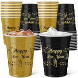 50 Pcs 12 Oz Happy New Year Disposable Plastic Cups Black Gold Drinking Cups New Year Party Supplies For Holiday Christmas