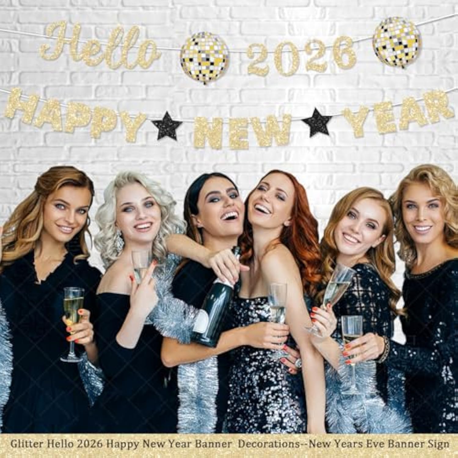 Pre-Strung Gold Glitter 2026 Happy New Year Banner for Party Decorations