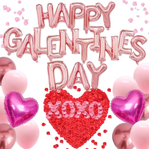 Happy Galentine's Day Balloons Decorations Letters Banner Women Lady 18" Heart Balloons Alphabet Foil Mylar Balloons with 1375 Pcs Artificial Rose Petals for Valentines Day Decor Photo Prop