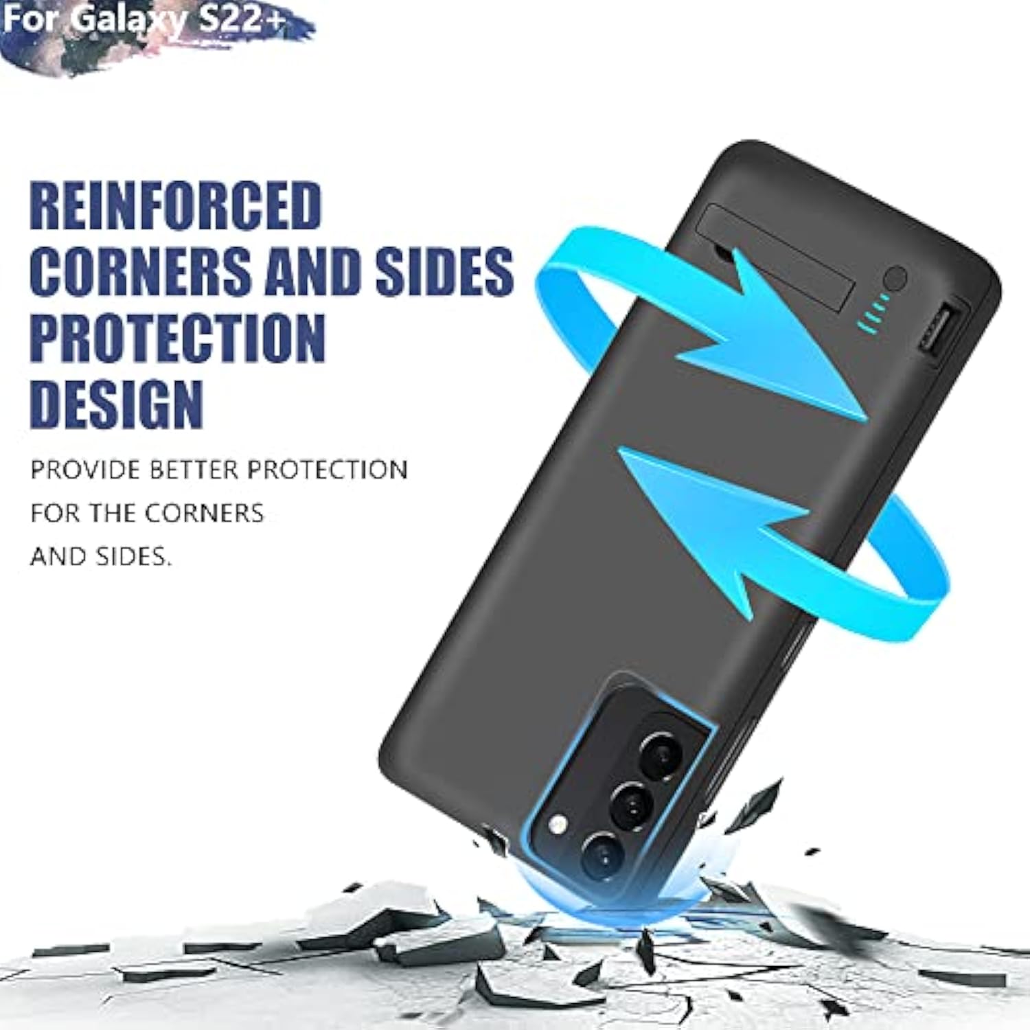 Battery Case For Samsung Galaxy S22+ / S22 Plus, 5000Mah Rechargeable Extended Battery Charging Charger Case, Add 100% Extra Juice (6.6 Inches) Black