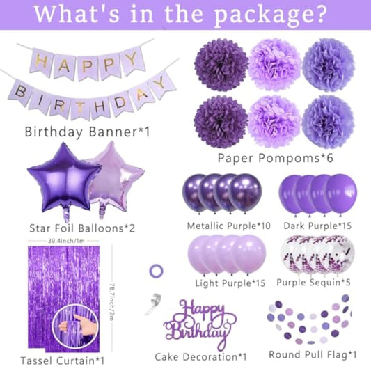 Purple Birthday Decorations, Purple Party Balloons With Happy Birthday Banner Fringe Curtain Paper Pompoms, Circle Garland For Women Men Boys Girls Princess Birthday Decor