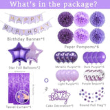 Purple Birthday Decorations, Purple Party Balloons With Happy Birthday Banner Fringe Curtain Paper Pompoms, Circle Garland For Women Men Boys Girls Princess Birthday Decor