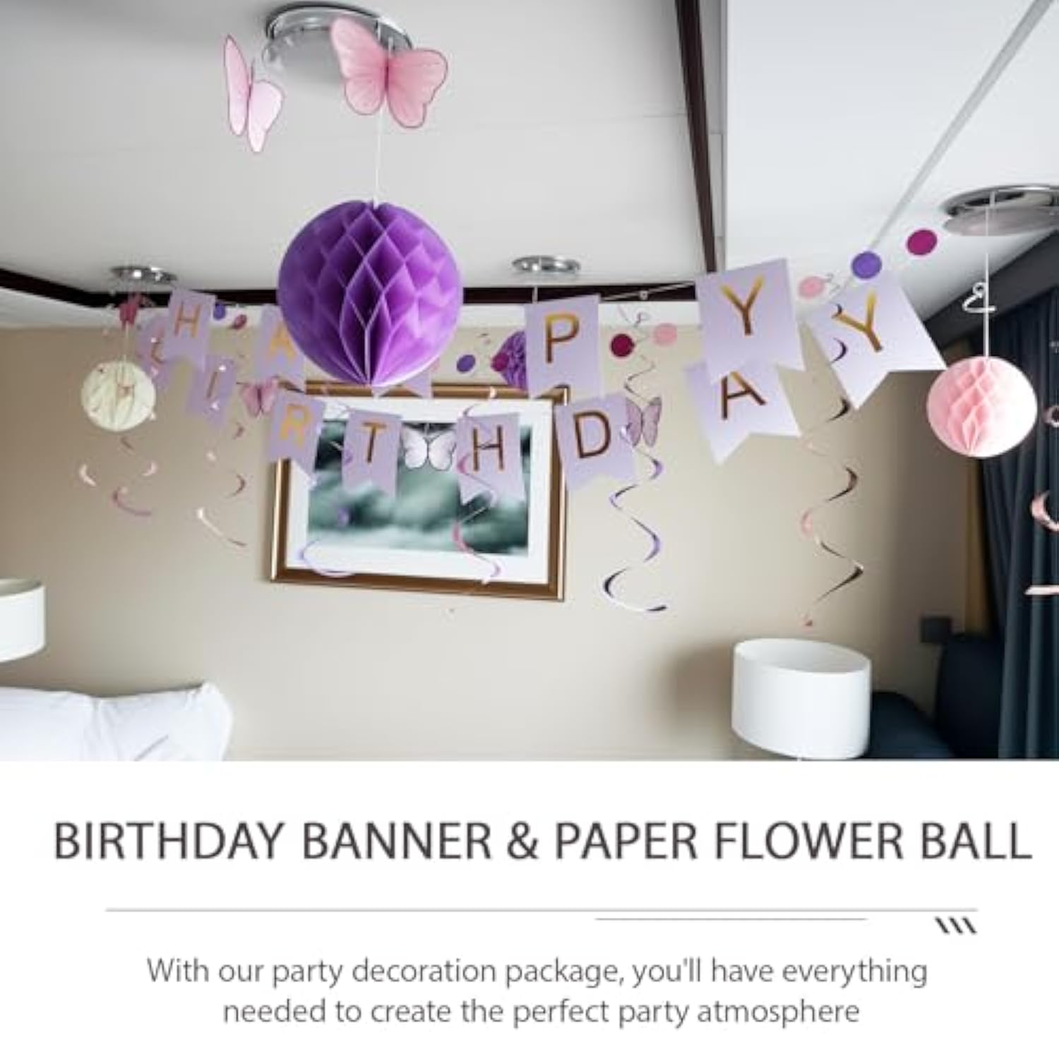 Birthday Decorations Set With Happy Birthday Banner, Butterfly Party Decorations Honeycomb Balls Swirls And Circle Dots Garland