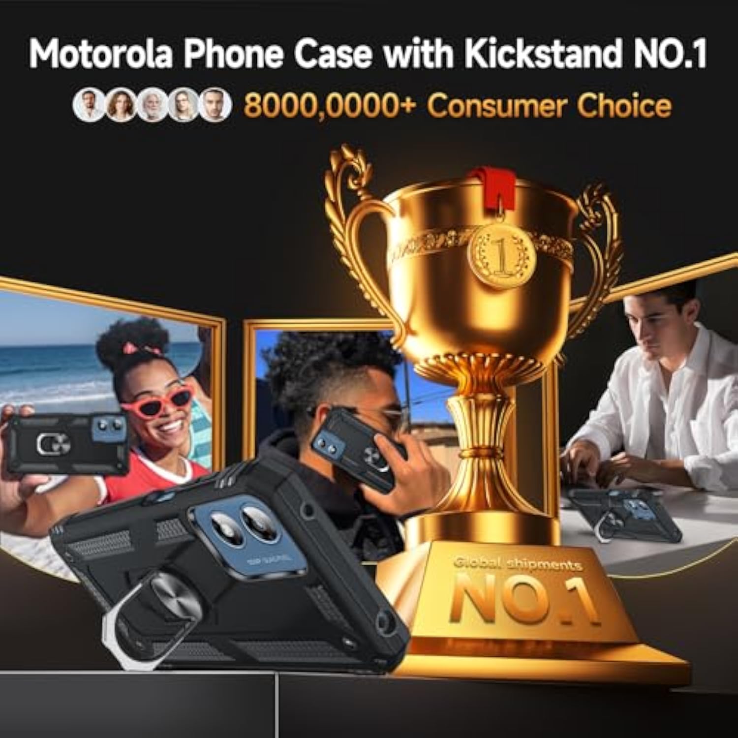 Moto G Play 2024 Case with Screen and Camera Protector Magnetic Ring Stand Black