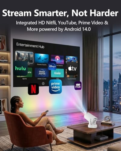 Built-In Appsmini Projector With Wifi And Bluetooth, Support 4K, Portable Projector, 5W Sound Base Speaker, 170 Ansi, Android, Auto Vertical Keystone 210° Rotatable Proyector