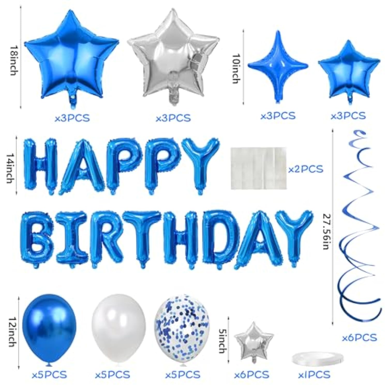 56Pcs Silver Black Happy Birthday Banner & Balloons Party Decorations (Blue)