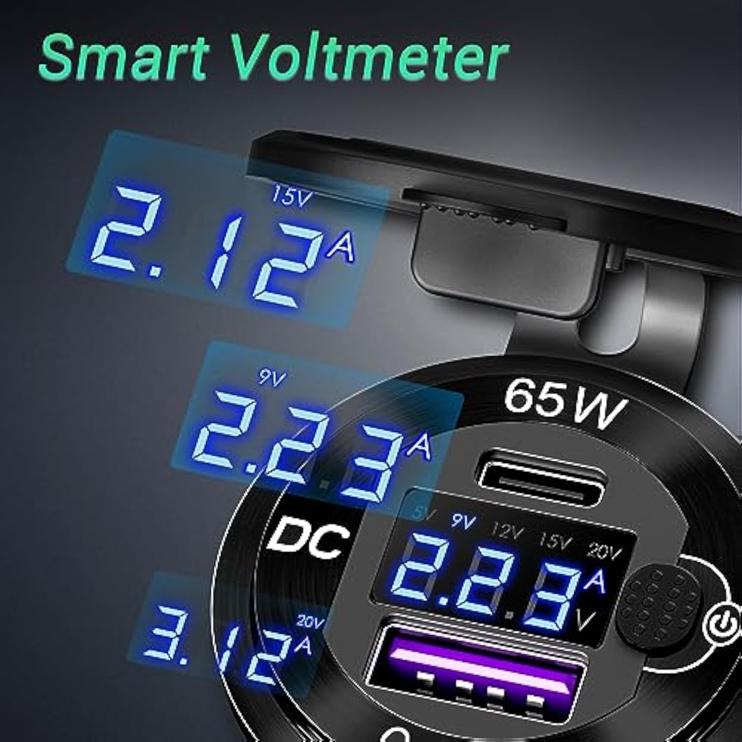 83W 12 Volt Usb Outlet Built-In Boost Usb C Laptop Car Charger: 65W Pd3.0 And 18W Qc3.0 Car Usb Port Aluminum Socket With Button Switch Smart Voltmeter, Suitable For Car Rv Marine Golf Cart
