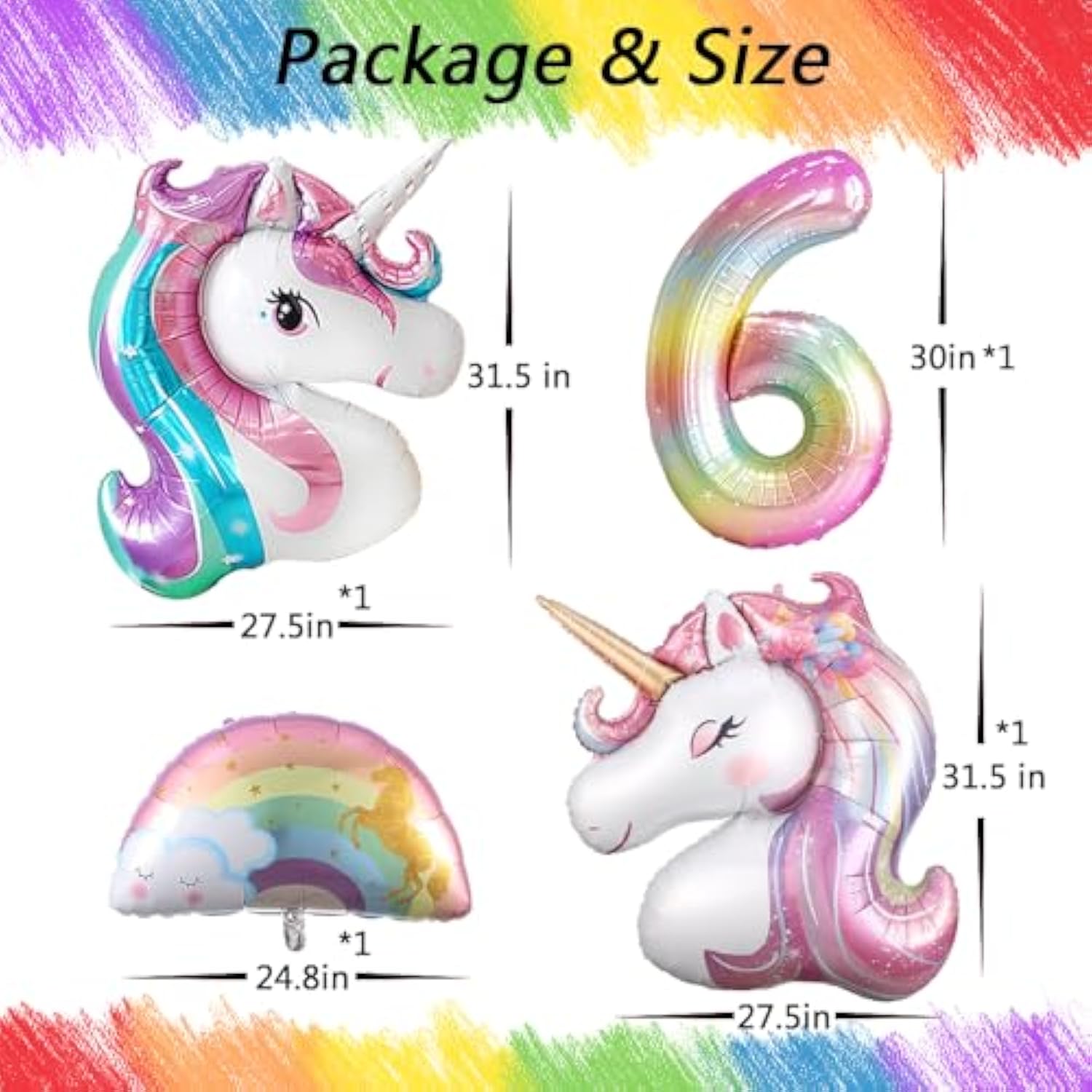 18pcs Unicorn 6th Birthday Decorations with Rainbow Balloons, Stars & Hearts for Girls