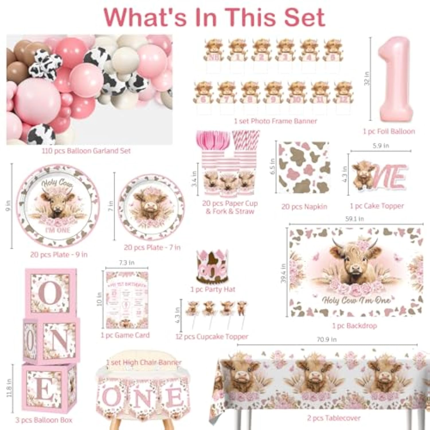 254Pcs Holy Cow I'M One Birthday Decorations Complete Party Set, Highland Cow 1St Birthday Decorations Girl, For Cow Theme Girl 1St Party Supplies Serves 20 Guests