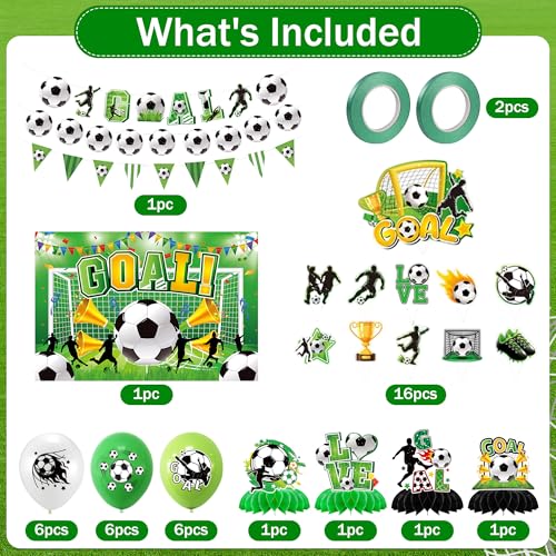22 PCS Soccer Party Decorations, Includes Banner, Backdrop, Latex Balloons, Cupcake Toppers, Honeycomb Centerpieces, for Soccer Themed Party Decorations Supplies