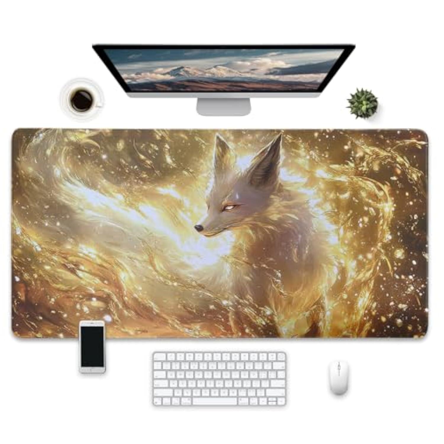 Large Gaming Mouse Pad, Extended Xxl Desk Mat With Mystical Fox Design, 31.5 X 15.7 Inches, Non-Slip Base