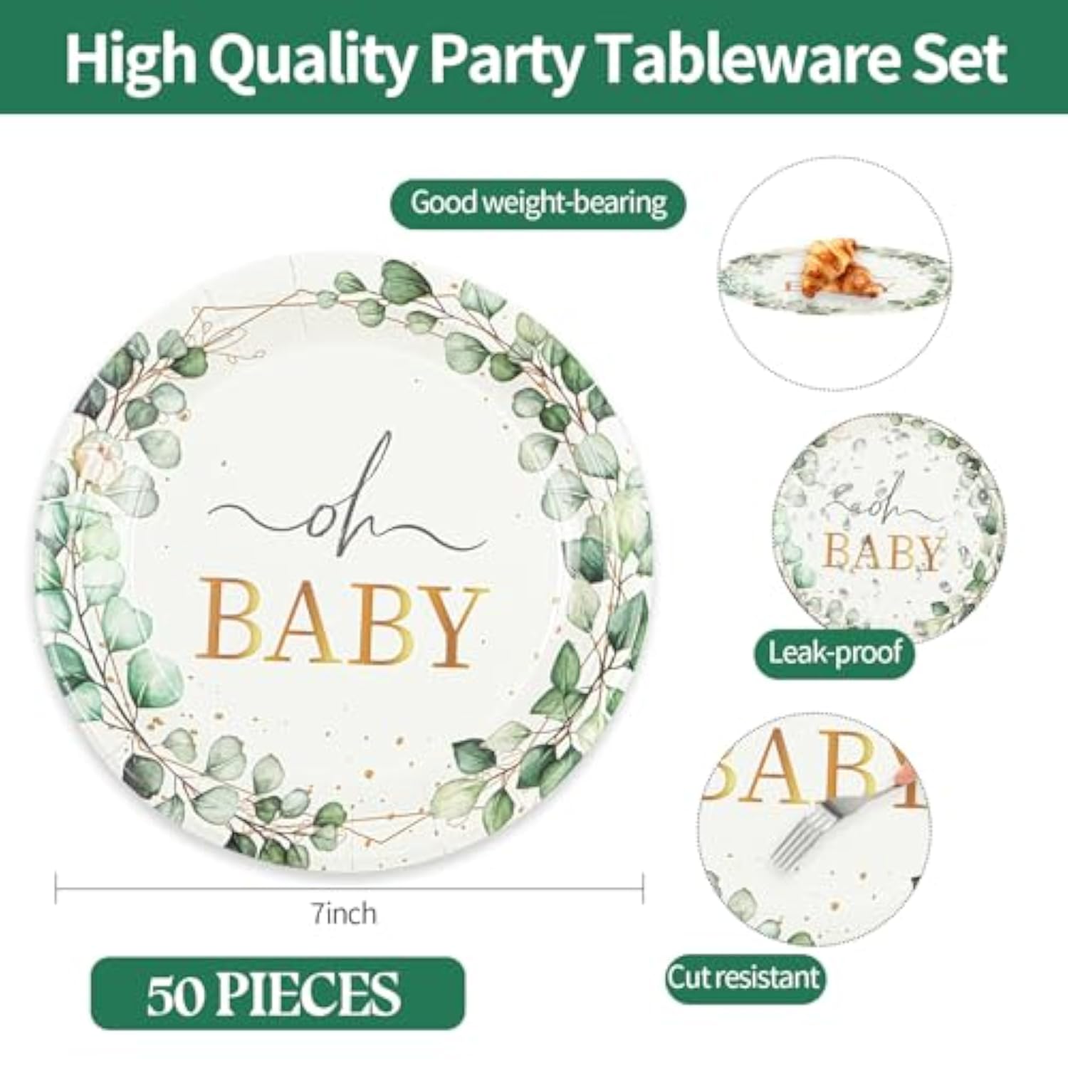 50 Pcs Eucalyptus Baby Shower Paper Plates, 7Inch Greenery Oh Baby Dessert Plate Party Supplies Disposable Tableware Sets For Boys Or Girls Gender Reveal Shower Party Decorations Favors