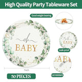 50 Pcs Eucalyptus Baby Shower Paper Plates, 7Inch Greenery Oh Baby Dessert Plate Party Supplies Disposable Tableware Sets For Boys Or Girls Gender Reveal Shower Party Decorations Favors