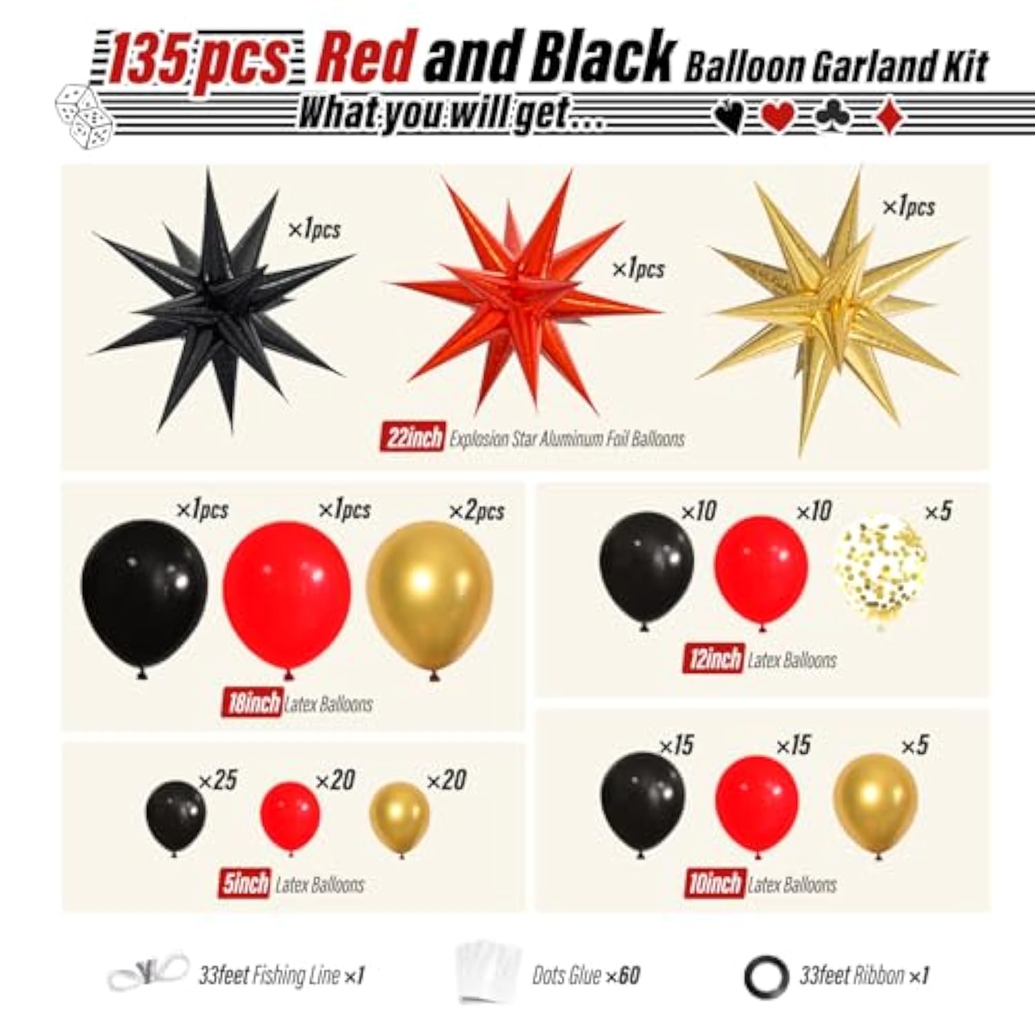 135pcs Red Black Gold Balloon Arch Kit with Stars for Birthday, Anniversary party