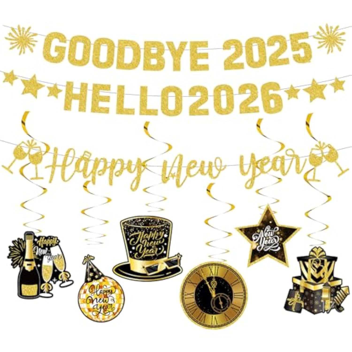 Gold Glitter Goodbye 2025 Hello 2026 Banner for New Year’s Eve Party Decor